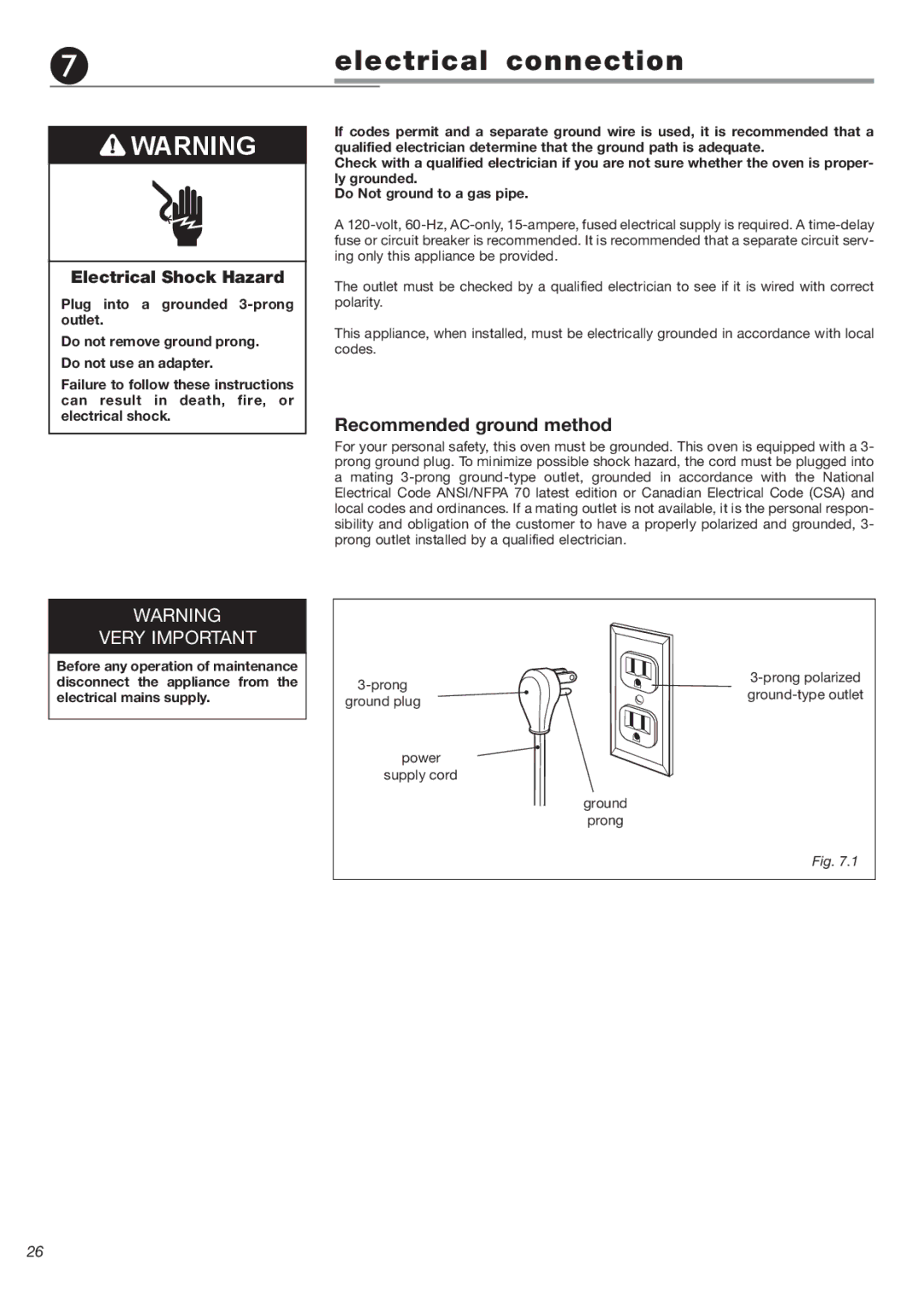 Verona VEBIG24 warranty Electrical connection, Recommended ground method 