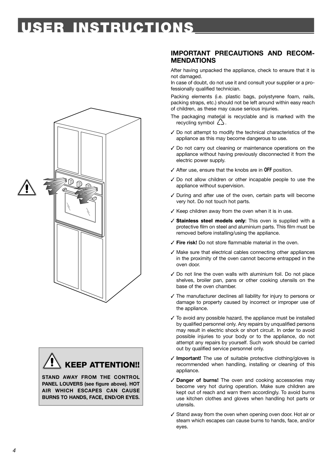 Verona VEBIG24 warranty User Instructions, Important Precautions and RECOM- Mendations 