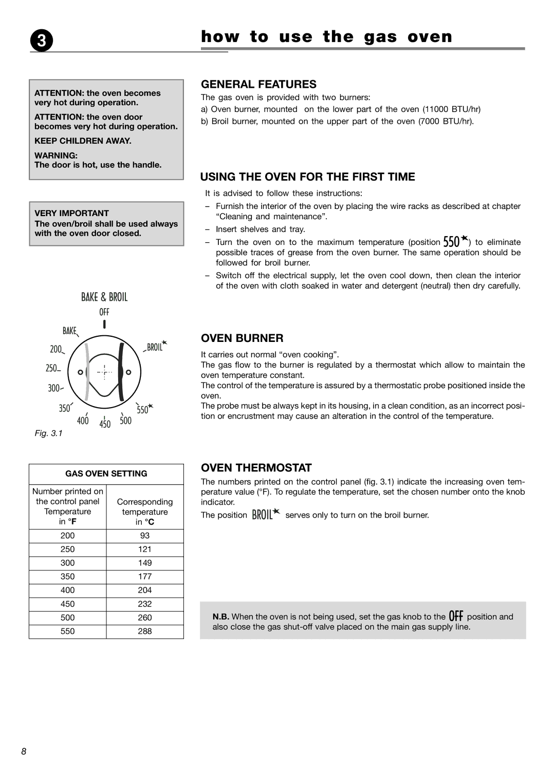 Verona VEBIG24 How to use the gas oven, General Features, Using the Oven for the First Time, Oven Burner, Oven Thermostat 