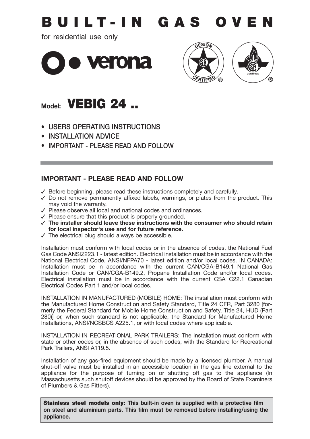 Verona VEBIG24 warranty Important - Please Read And Follow, B U I L T - I N G A S O V E N, Model VEBIG 