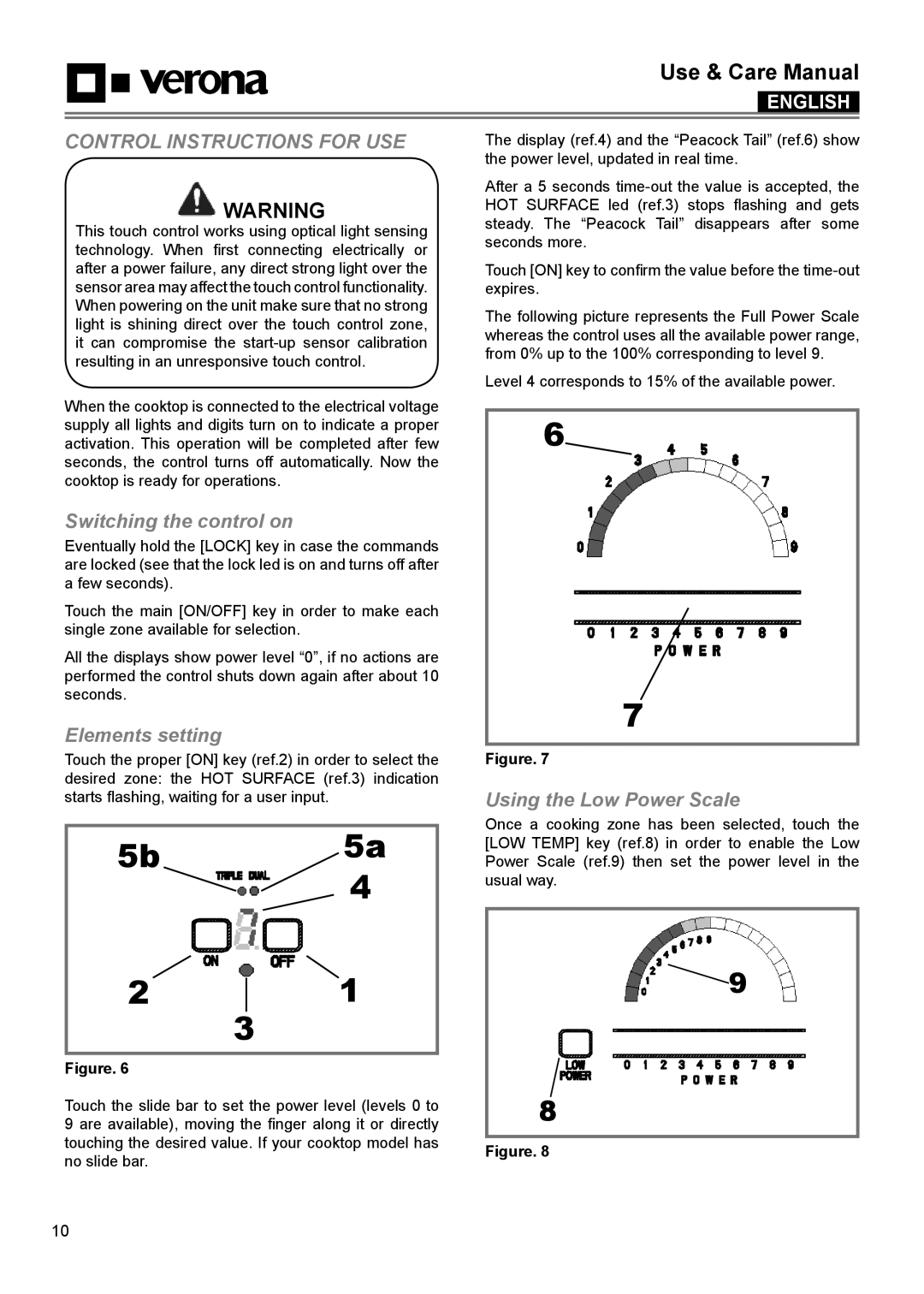 Verona VECTEM365 VECTEM304 manual Switching the control on, Elements setting, Using the Low Power Scale 