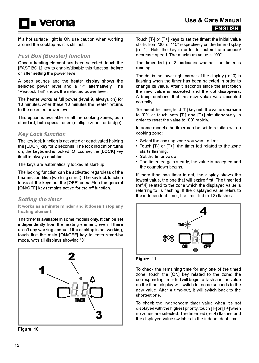 Verona VECTEM365 VECTEM304 manual Fast Boil Booster function, Key Lock function, Setting the timer 