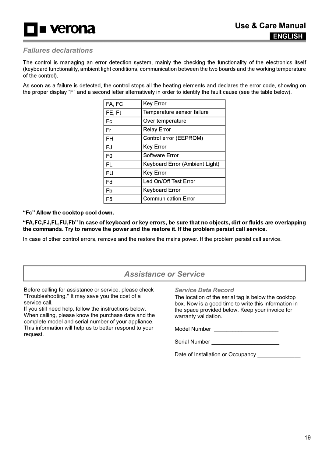 Verona VECTEM365 VECTEM304 manual Assistance or Service, Failures declarations, Service Data Record 