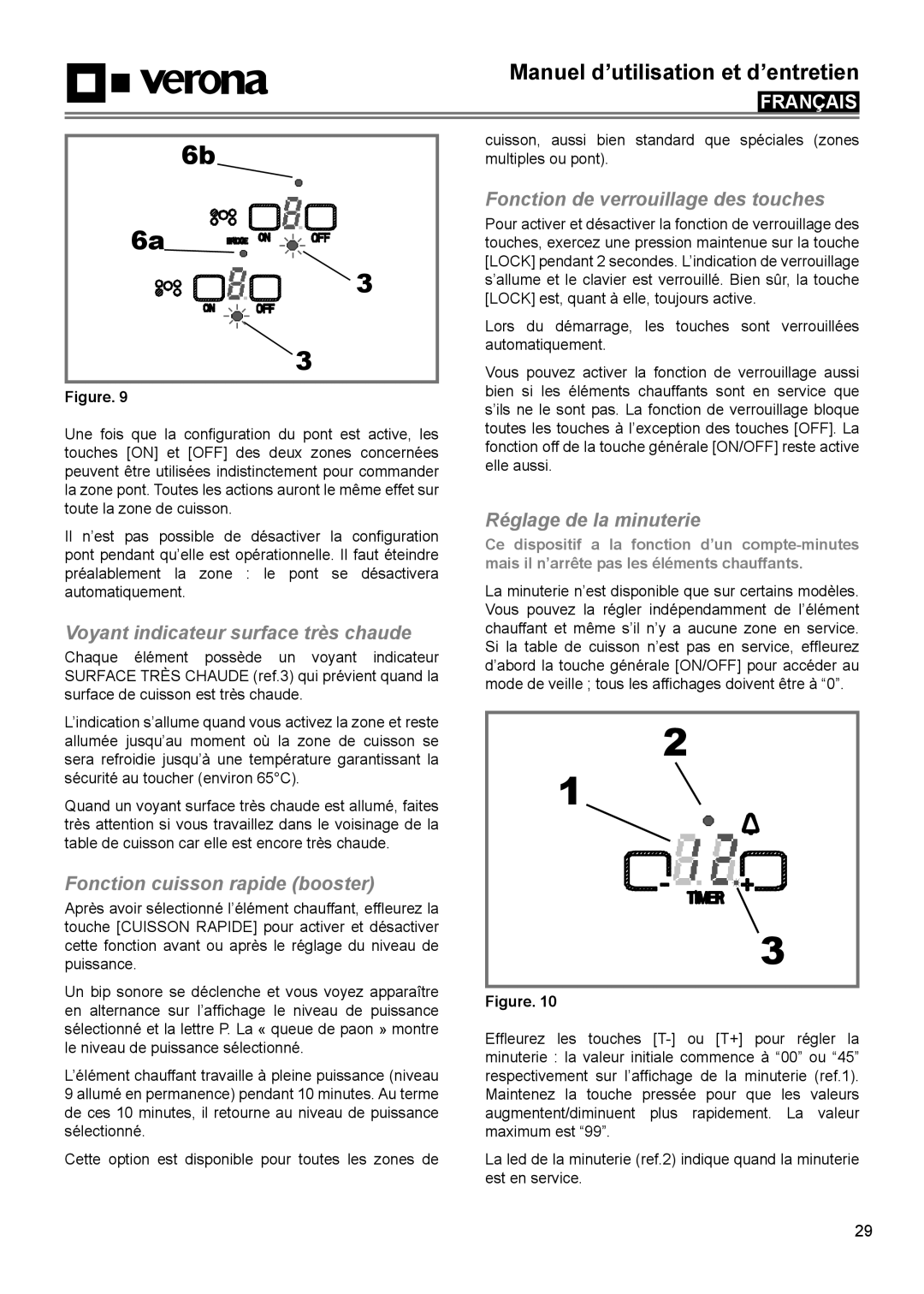 Verona VECTEM365 VECTEM304 Fonction de verrouillage des touches, Réglage de la minuterie, Fonction cuisson rapide booster 