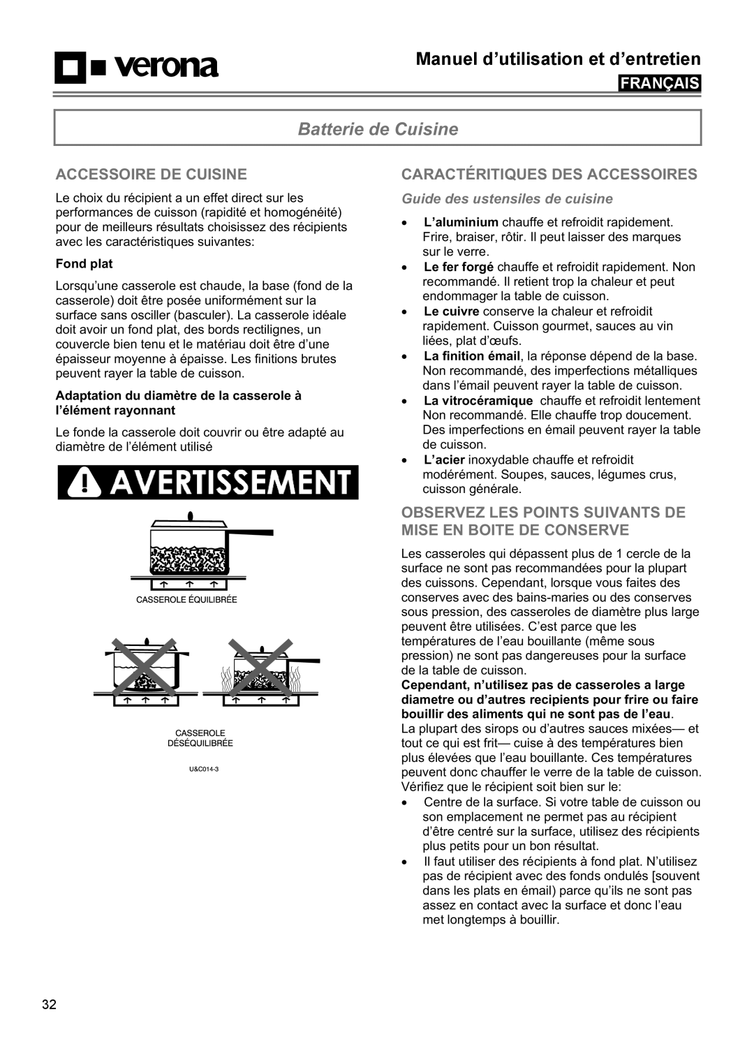 Verona VECTEM365 VECTEM304 manual Batterie de Cuisine, Accessoire DE Cuisine, Caractéritiques DES Accessoires 