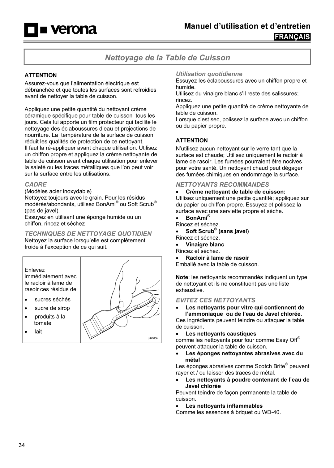 Verona VECTEM365 VECTEM304 manual Nettoyage de la Table de Cuisson, Utilisation quotidienne 