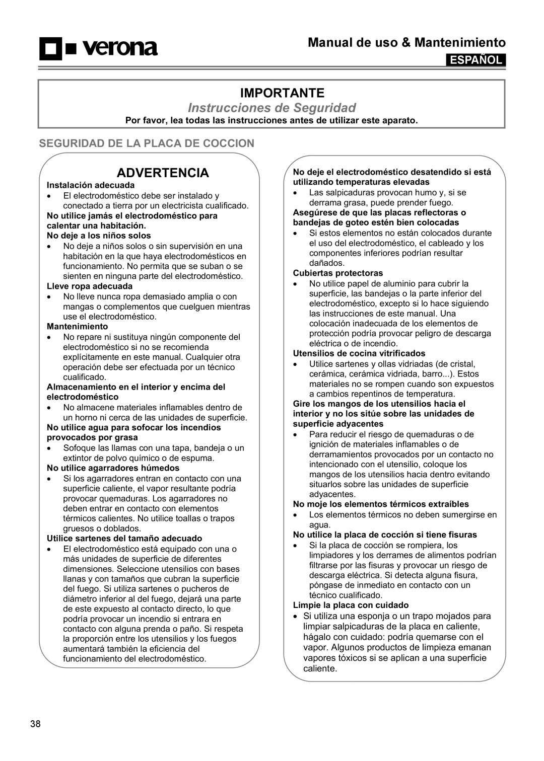 Verona VECTEM365 VECTEM304 manual Instrucciones de Seguridad, Seguridad DE LA Placa DE Coccion 