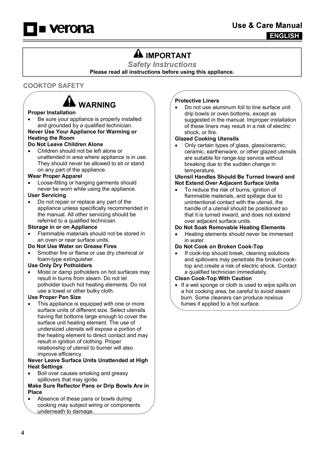 Verona VECTEM365 VECTEM304 manual Safety Instructions, Cooktop Safety 