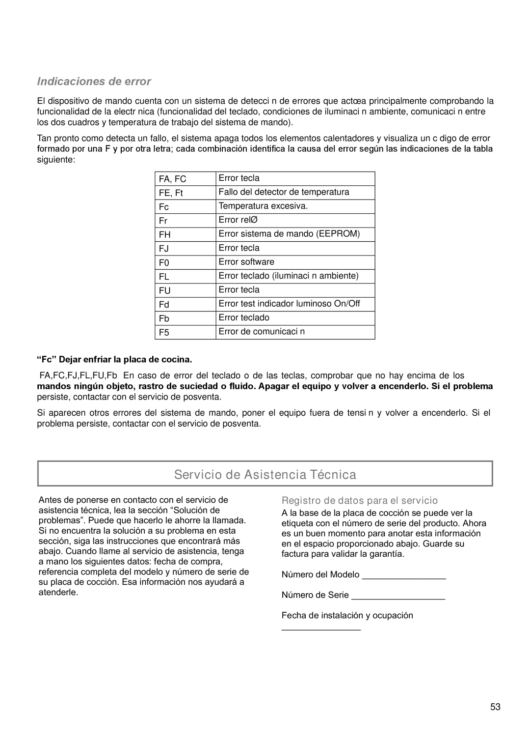 Verona VECTEM365 VECTEM304 manual Servicio de Asistencia Técnica, Indicaciones de error, Registro de datos para el servicio 