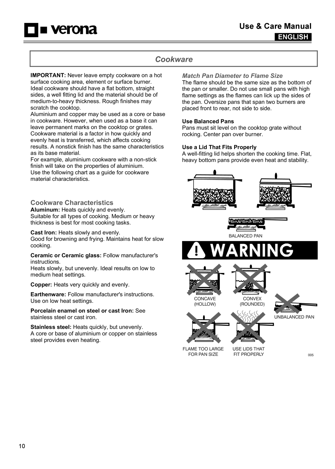 Verona VECTGMS365SS, VECTGMS304SS manual Cookware Characteristics, Match Pan Diameter to Flame Size 