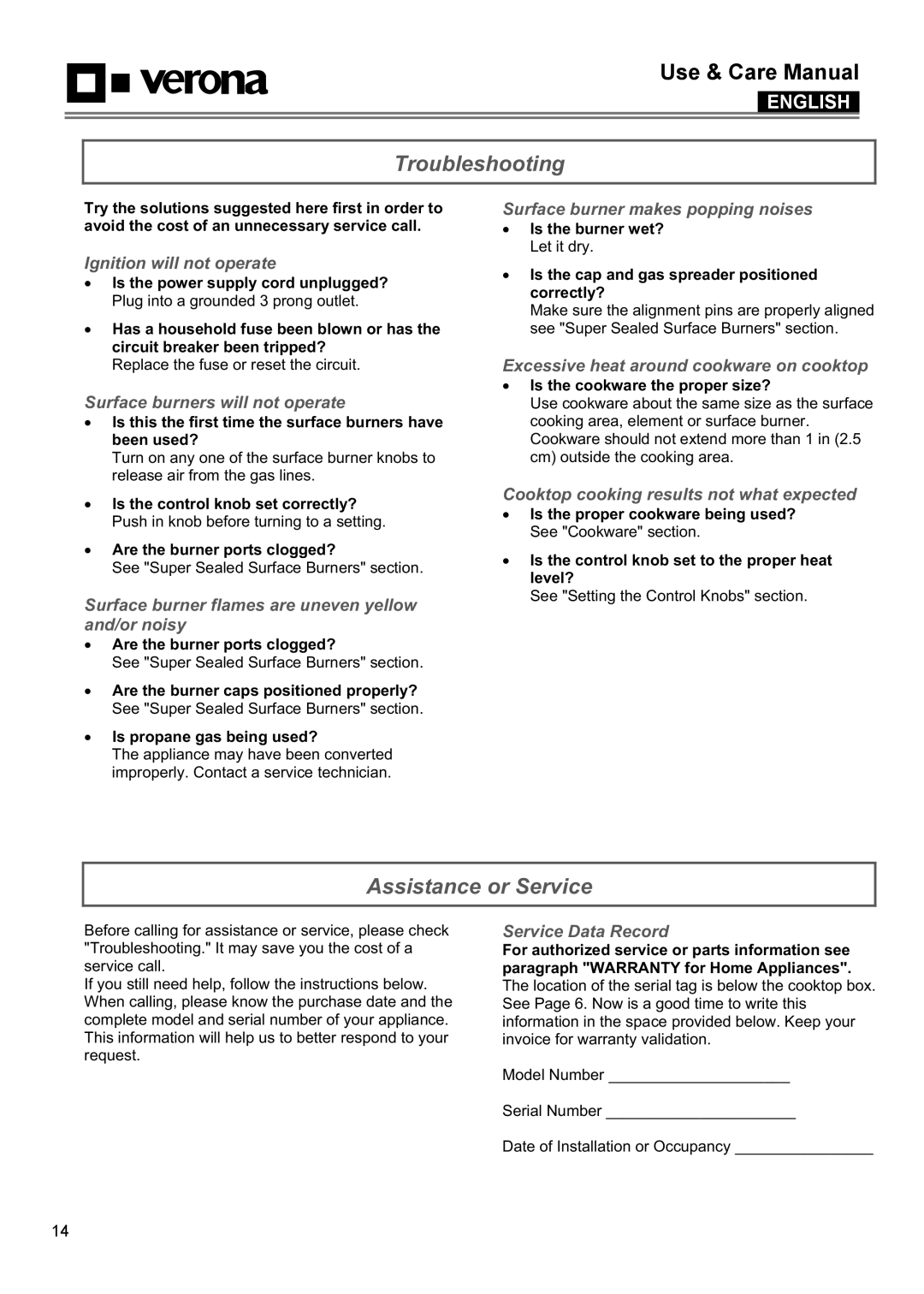 Verona VECTGMS365SS, VECTGMS304SS manual Troubleshooting, Assistance or Service 