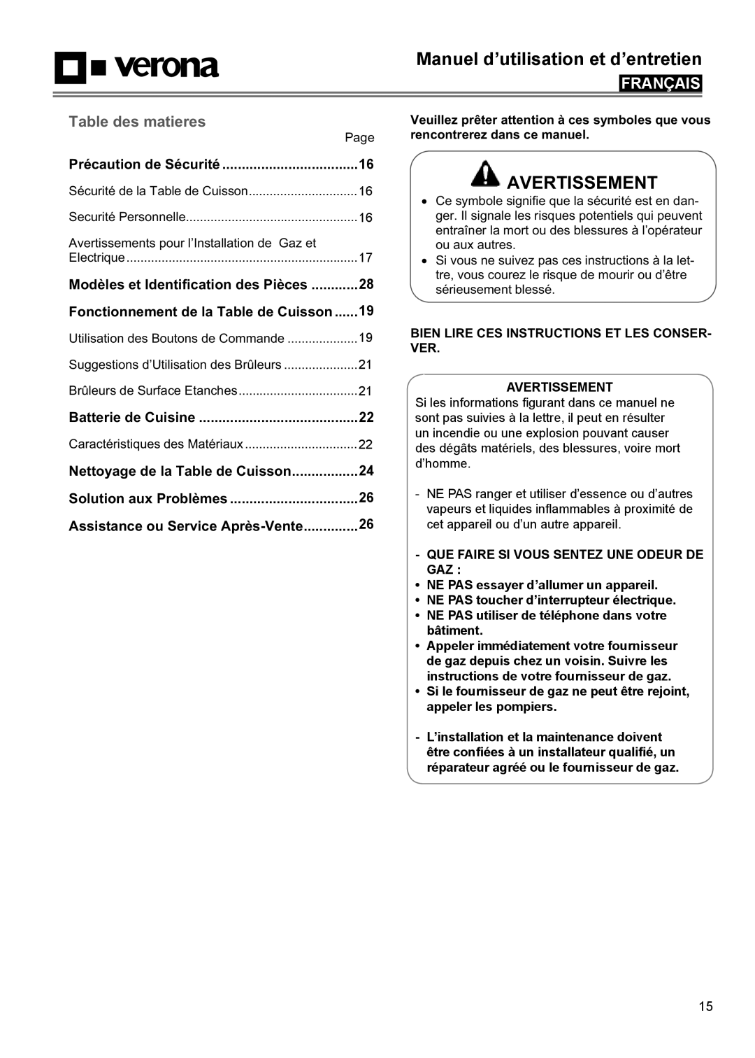 Verona VECTGMS304SS, VECTGMS365SS manual Table des matieres 