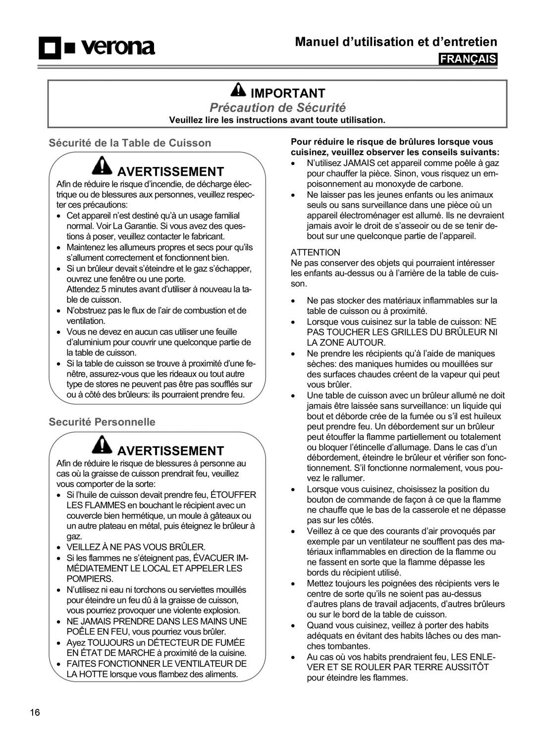 Verona VECTGMS365SS, VECTGMS304SS manual Précaution de Sécurité, Sécurité de la Table de Cuisson, Securité Personnelle 