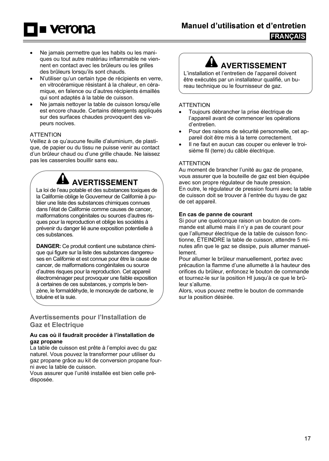 Verona VECTGMS304SS, VECTGMS365SS manual Avertissements pour l’Installation de Gaz et Electrique, En cas de panne de courant 