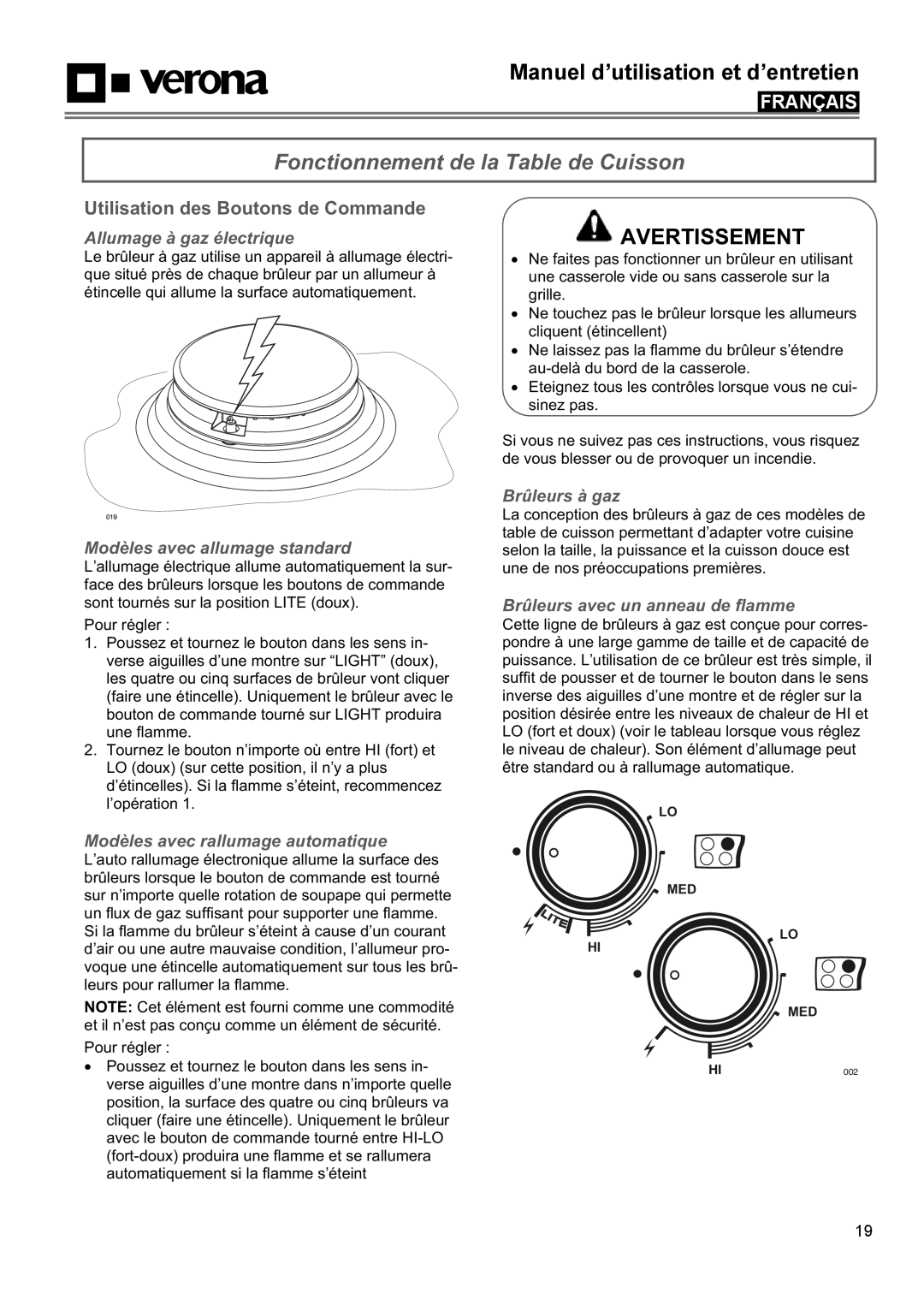 Verona VECTGMS304SS, VECTGMS365SS manual Fonctionnement de la Table de Cuisson, Utilisation des Boutons de Commande 