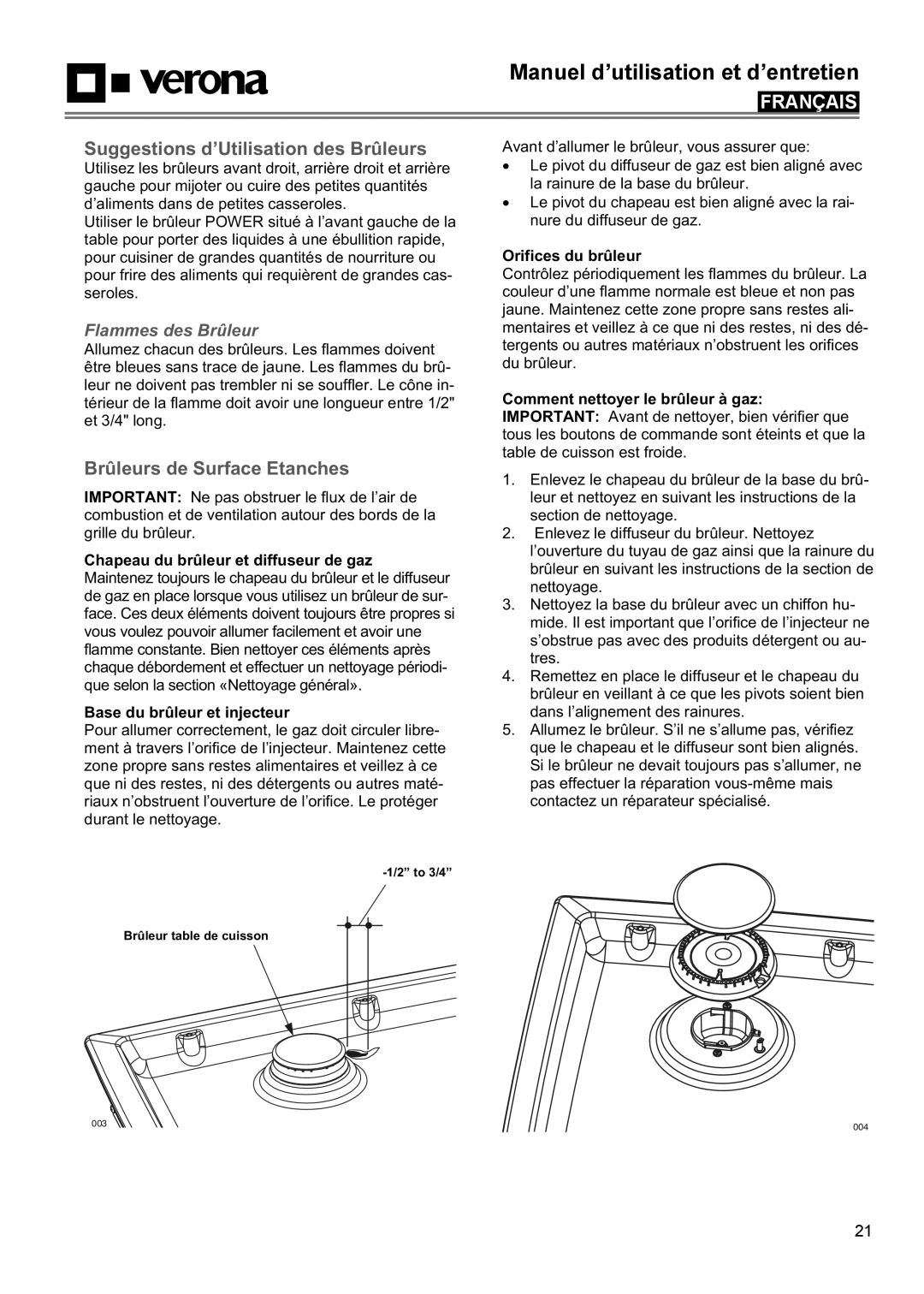 Verona VECTGMS304SS manual Suggestions d’Utilisation des Brûleurs, Brûleurs de Surface Etanches, Flammes des Brûleur 