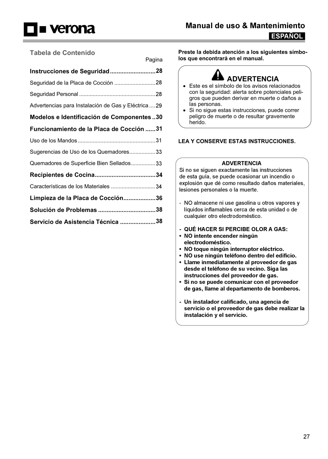 Verona VECTGMS304SS, VECTGMS365SS manual Tabela de Contenido 