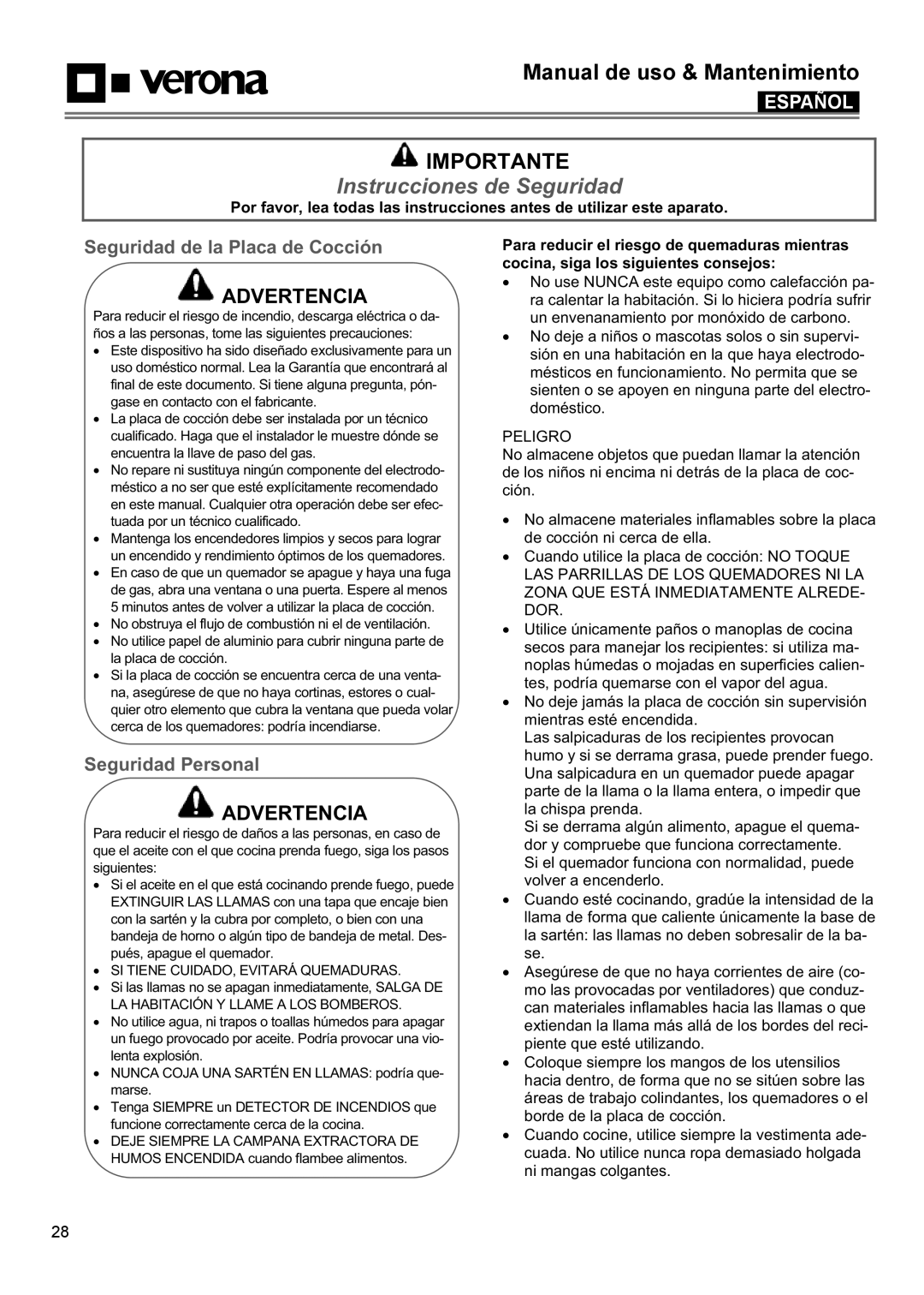 Verona VECTGMS365SS, VECTGMS304SS manual Instrucciones de Seguridad, Seguridad de la Placa de Cocción, Seguridad Personal 