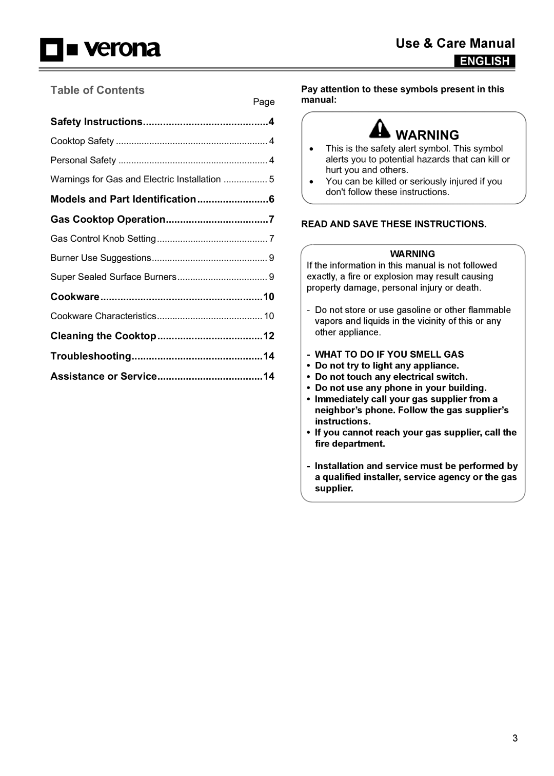 Verona VECTGMS304SS, VECTGMS365SS manual Use & Care Manual, Table of Contents 