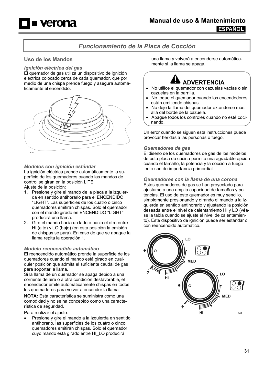 Verona VECTGMS304SS, VECTGMS365SS manual Funcionamiento de la Placa de Cocción, Uso de los Mandos 