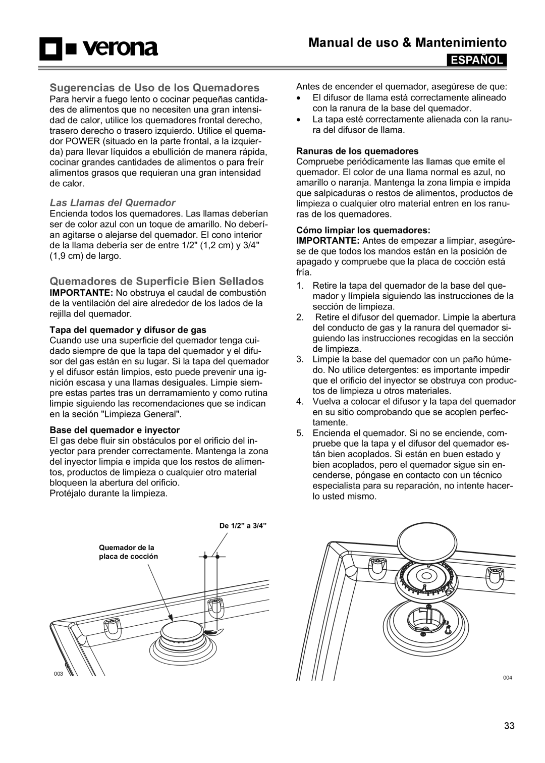 Verona VECTGMS304SS Sugerencias de Uso de los Quemadores, Quemadores de Superficie Bien Sellados, Las Llamas del Quemador 