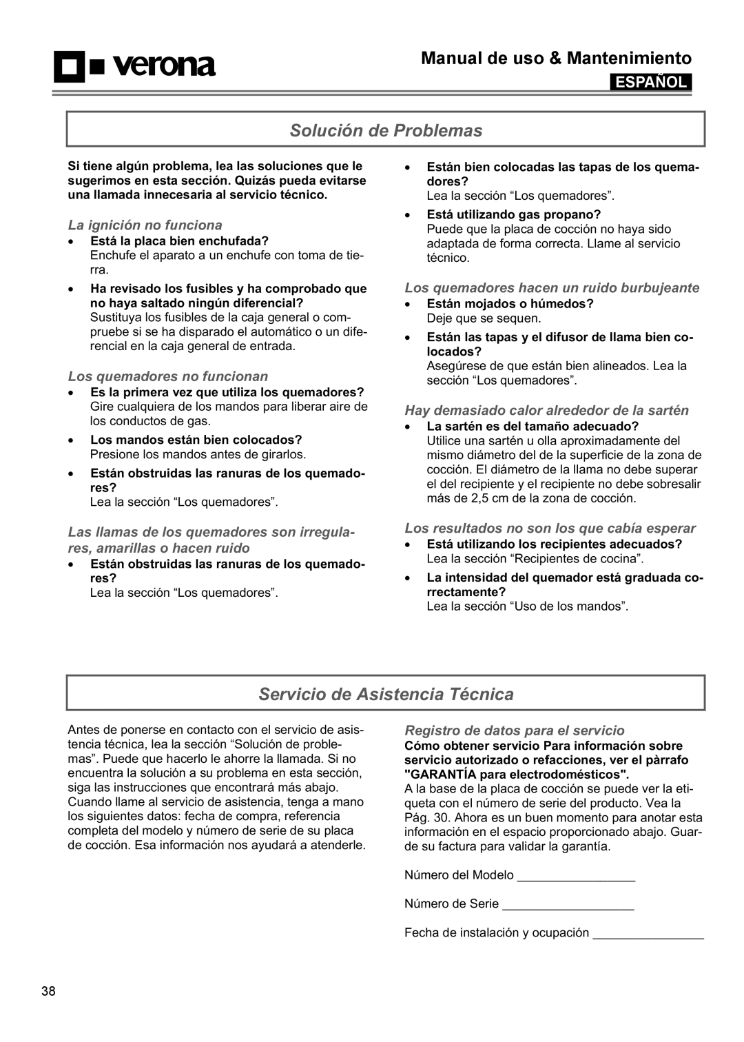 Verona VECTGMS365SS, VECTGMS304SS manual Solución de Problemas, Servicio de Asistencia Técnica 