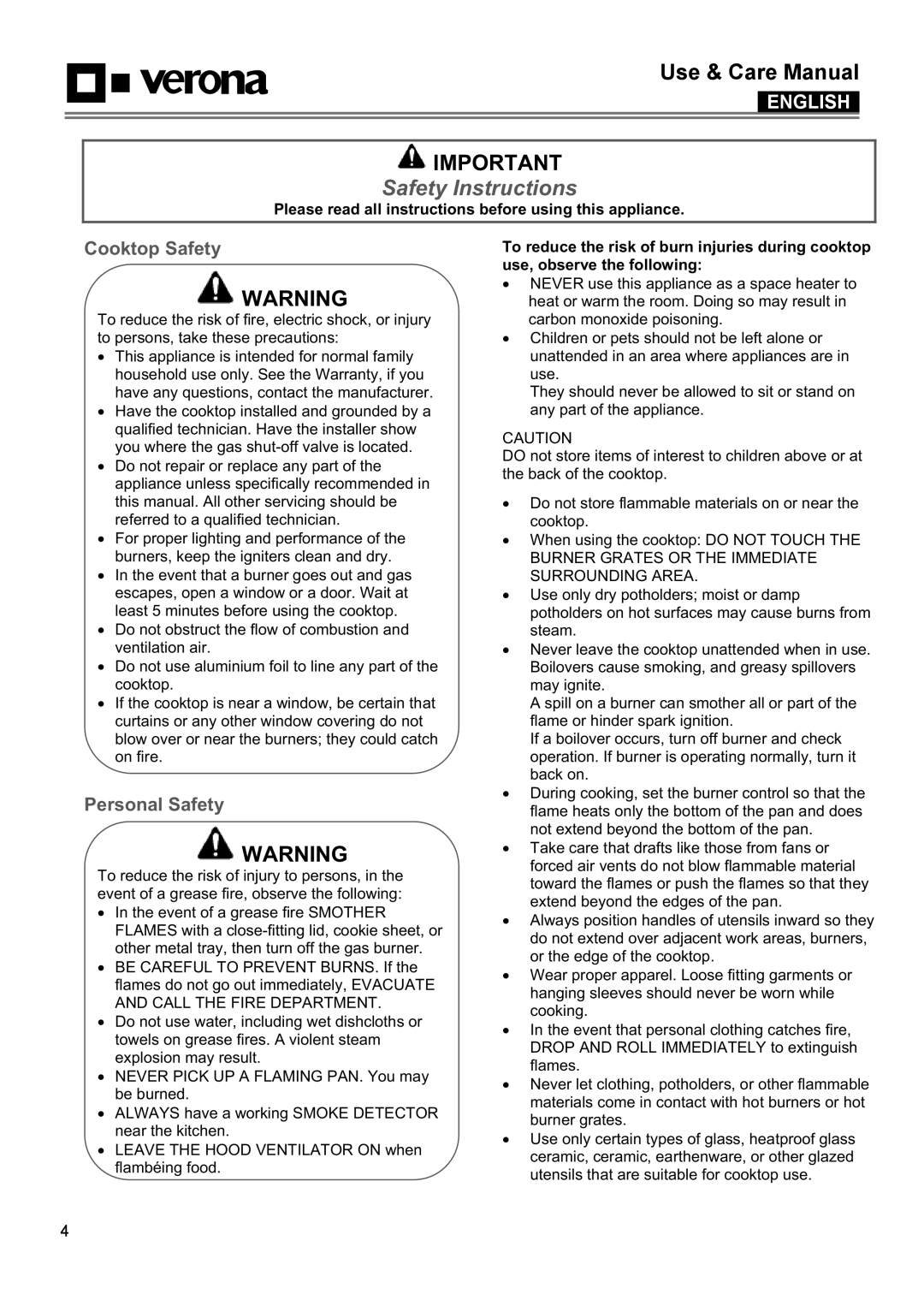 Verona VECTGMS365SS, VECTGMS304SS manual Safety Instructions, Cooktop Safety, Personal Safety 