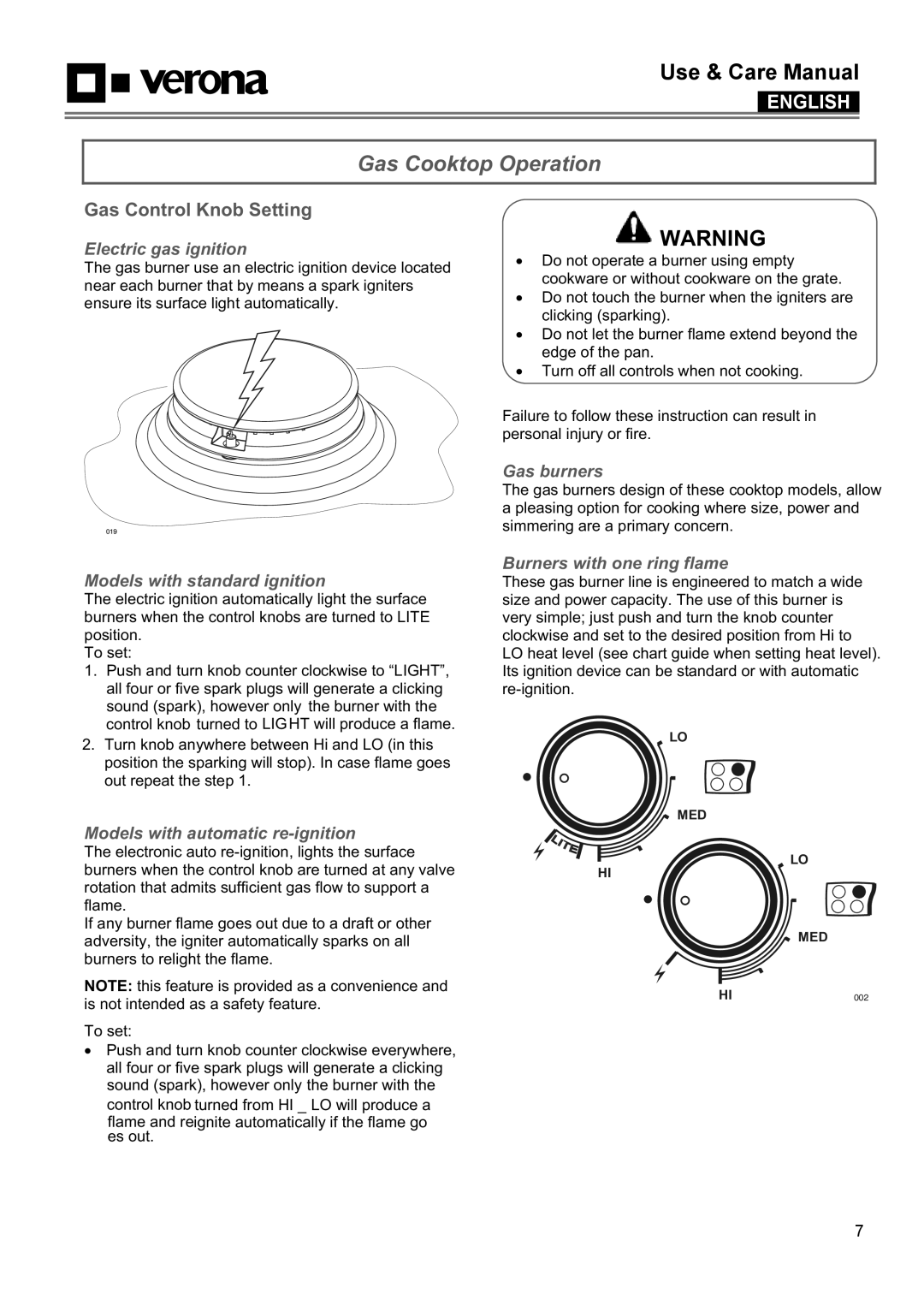 Verona VECTGMS304SS, VECTGMS365SS manual Gas Cooktop Operation, Gas Control Knob Setting 