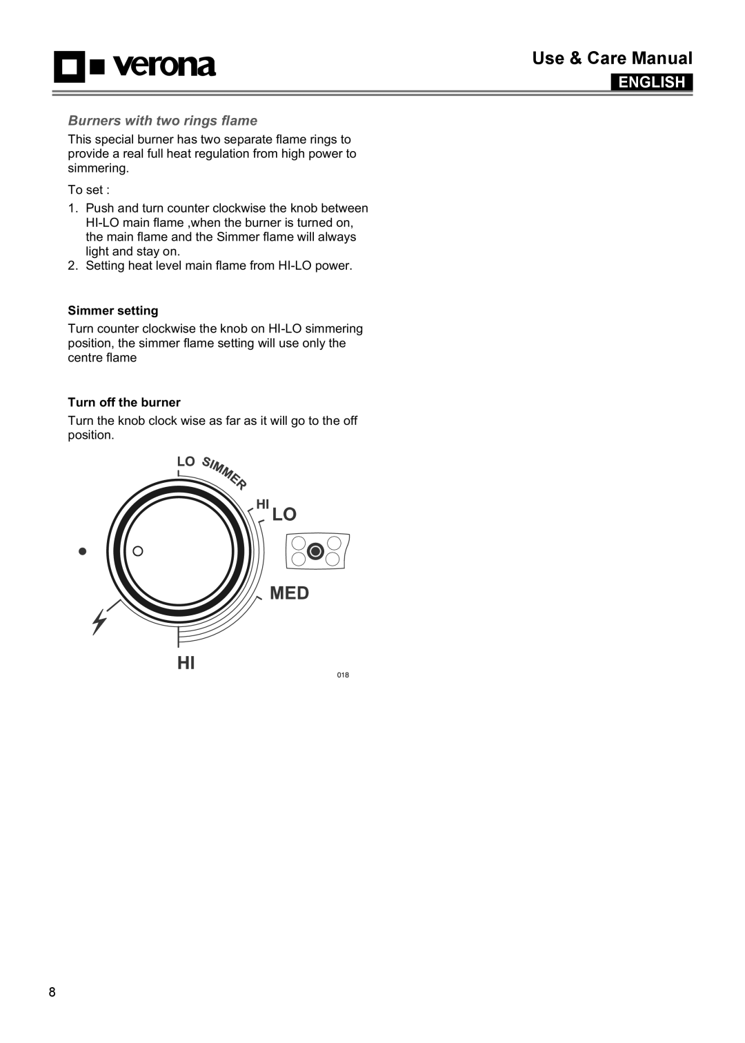 Verona VECTGMS365SS, VECTGMS304SS manual Burners with two rings flame, Simmer setting, Turn off the burner 