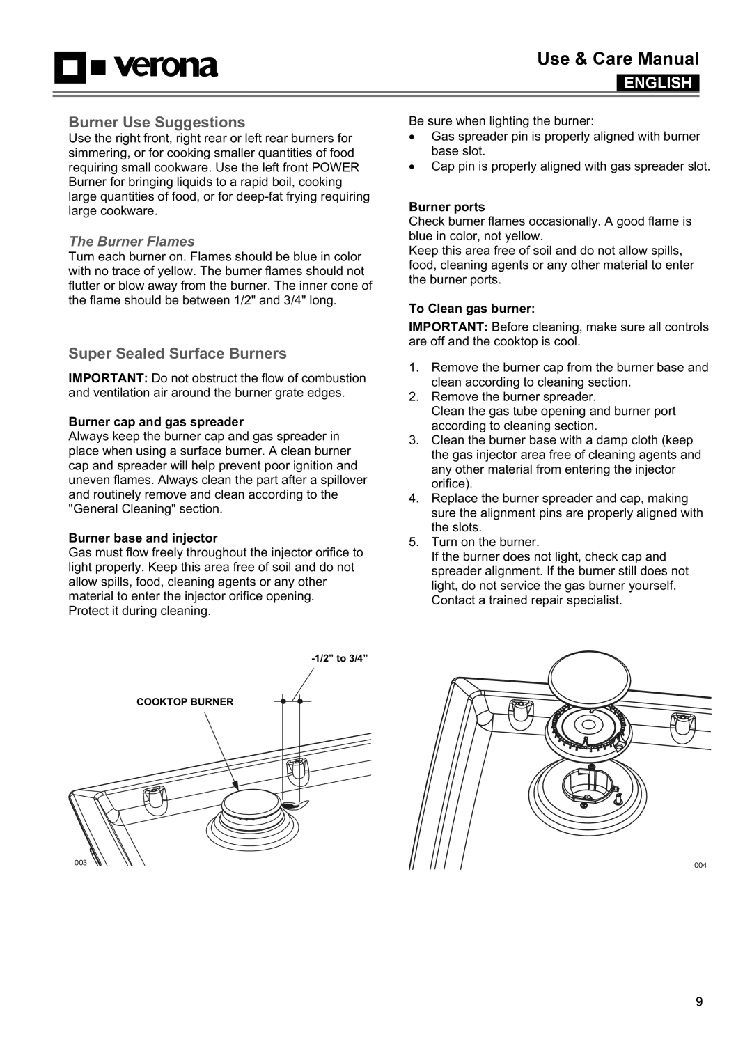 Verona VECTGMS304SS, VECTGMS365SS manual Burner Use Suggestions, Super Sealed Surface Burners, Burner Flames 