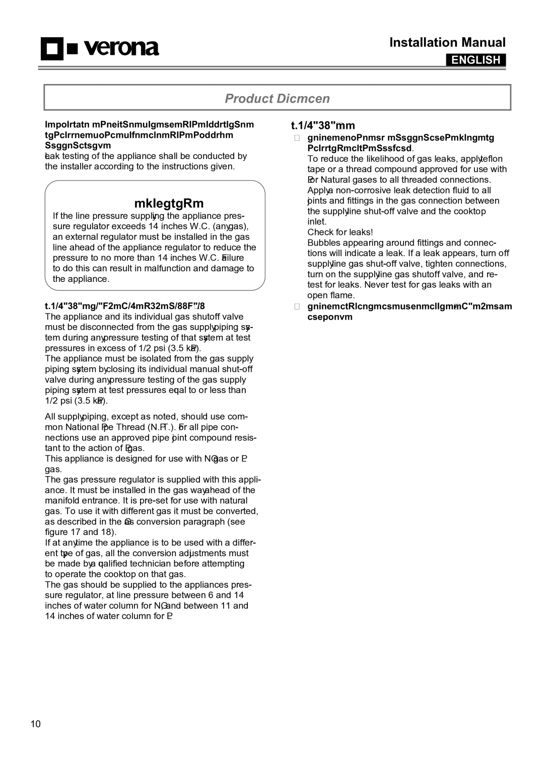 Verona VECTGMS365SS Gas Requirement, Important Notes for Gas Connection, Never Tighten to More than 35 ft lbs of Torque 