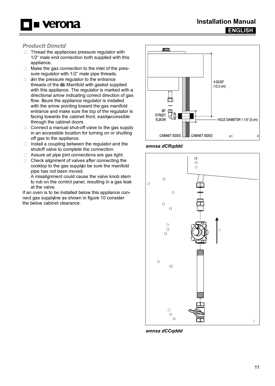 Verona VECTGMS304SS, VECTGMS365SS manual Gas Connection, Threads of the Gas Manifold with gasket supplied 