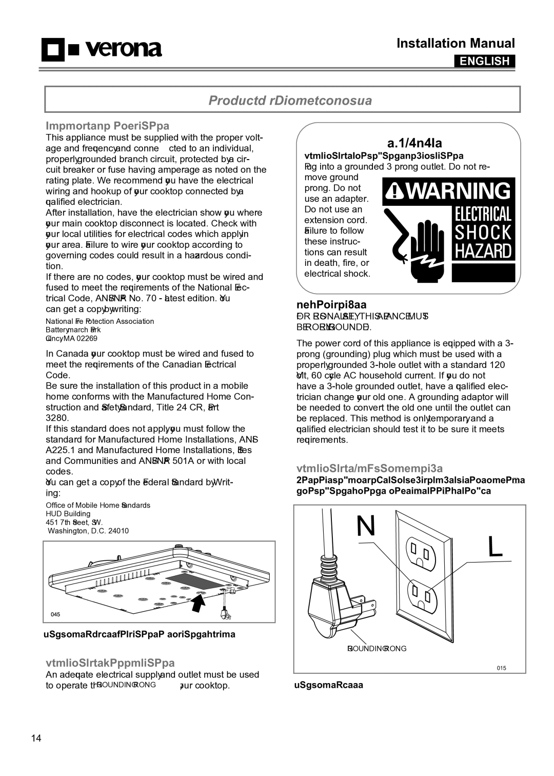 Verona VECTGMS365SS Electrical Requirements, General Information, Electrical Connection, Electrical Grounding Instruction 