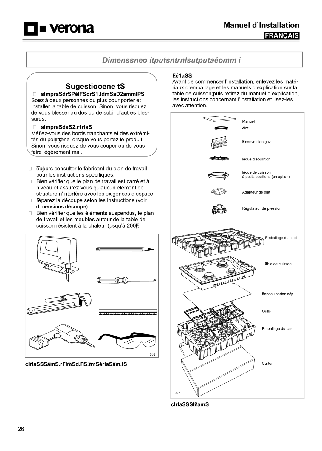 Verona VECTGMS365SS, VECTGMS304SS Installation de la Table de Cuisson, Risque du fait du poids excessif, Risque de coupure 