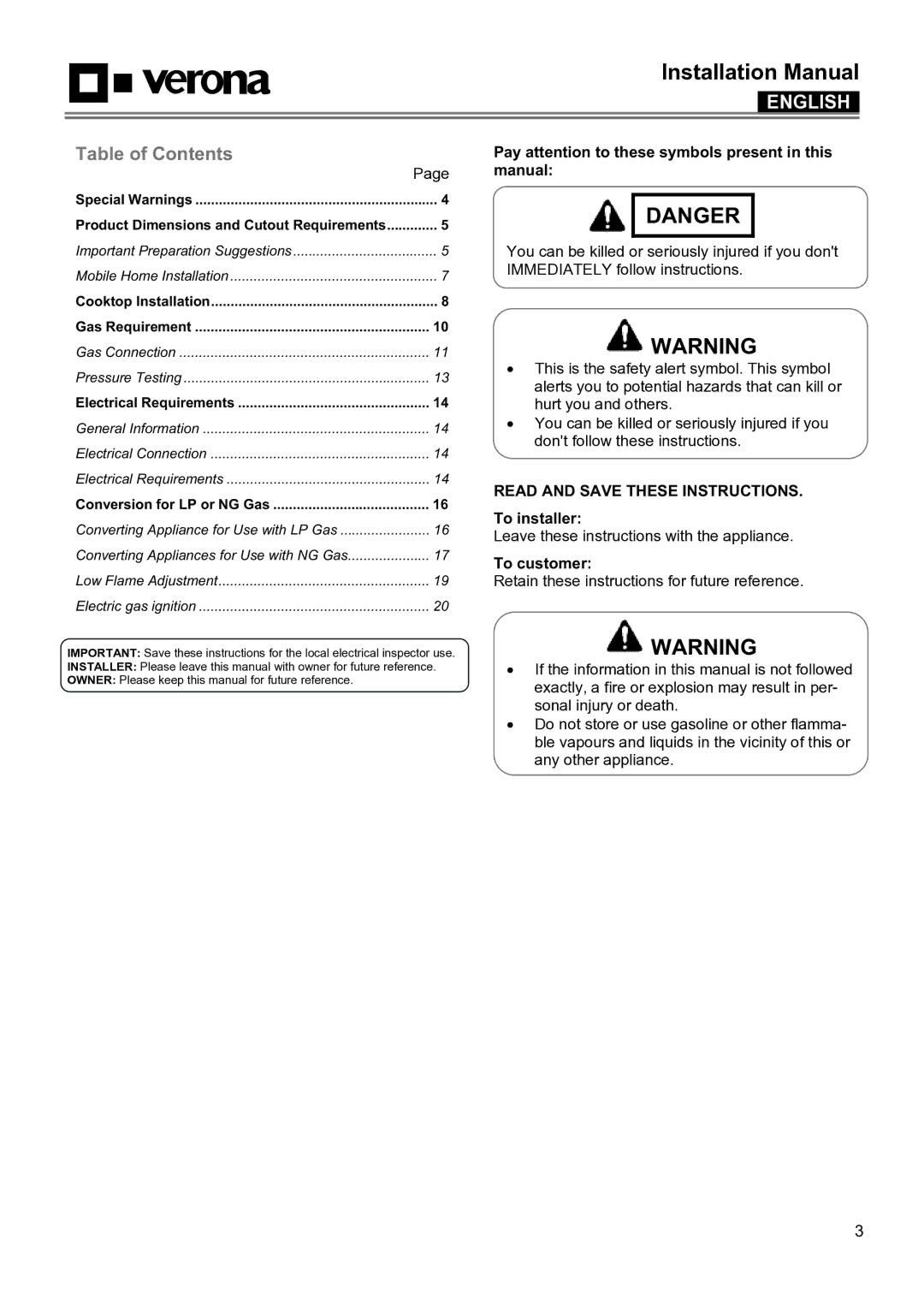 Verona VECTGMS304SS, VECTGMS365SS manual Installation Manual 