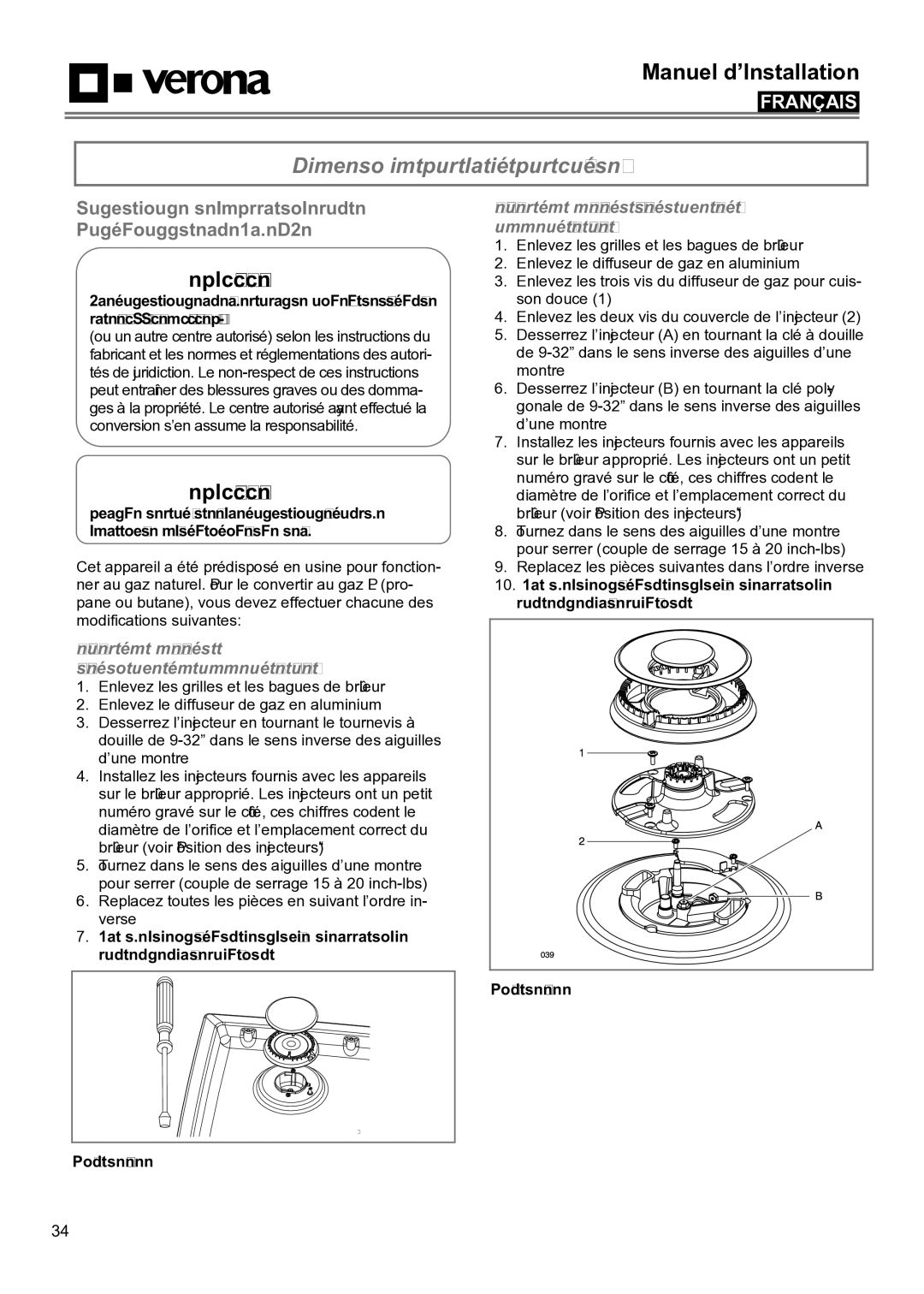 Verona VECTGMS365SS, VECTGMS304SS Conversion Gaz PL ou Gaz Naturel, Conversion de l’Appareil pour Fonctionner au Gaz PL 