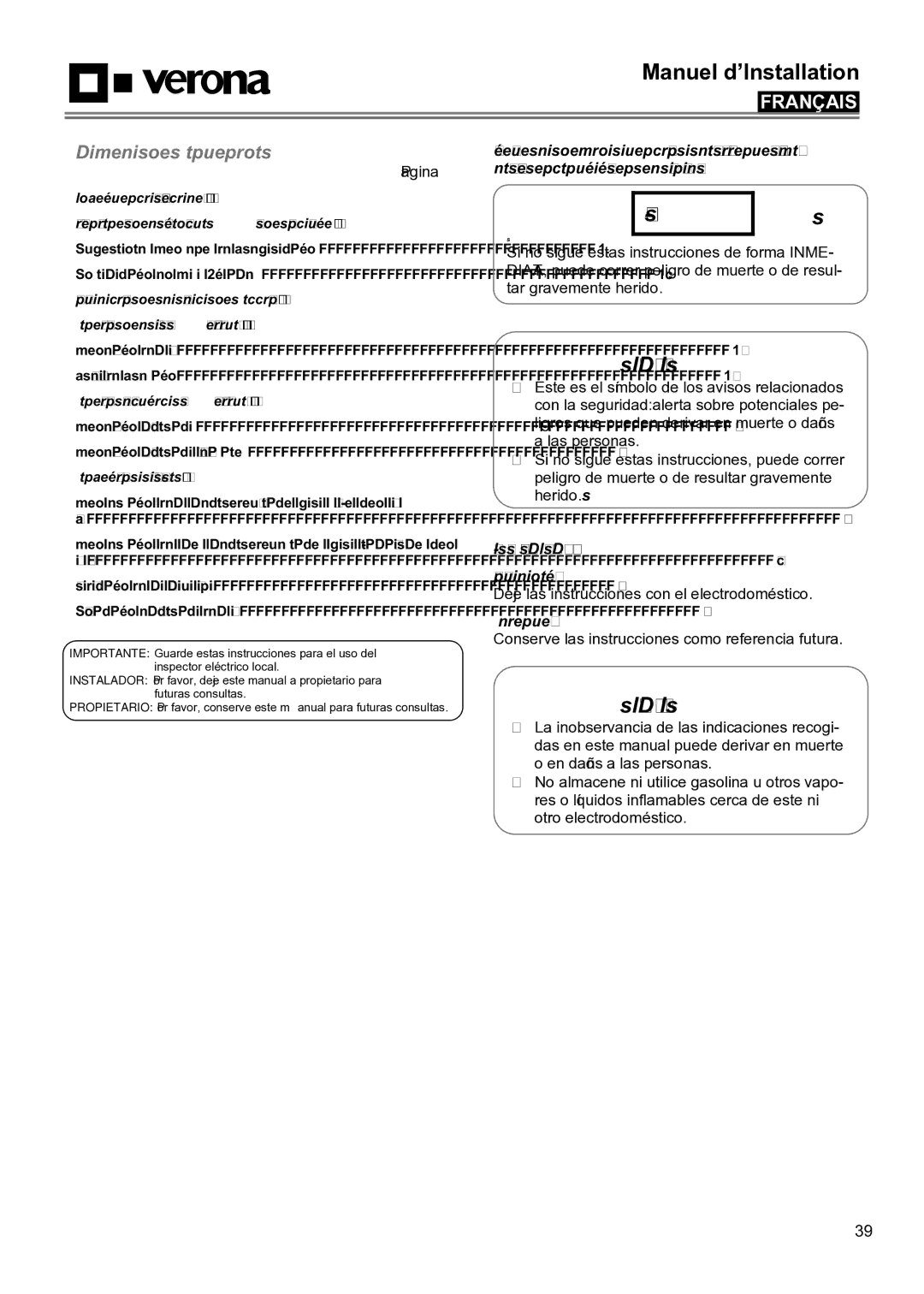 Verona VECTGMS304SS, VECTGMS365SS Tabela de Contenido, Pagina, LEA Y Conserve Estas INSTRUCCIONES. Instalador, Cliente 