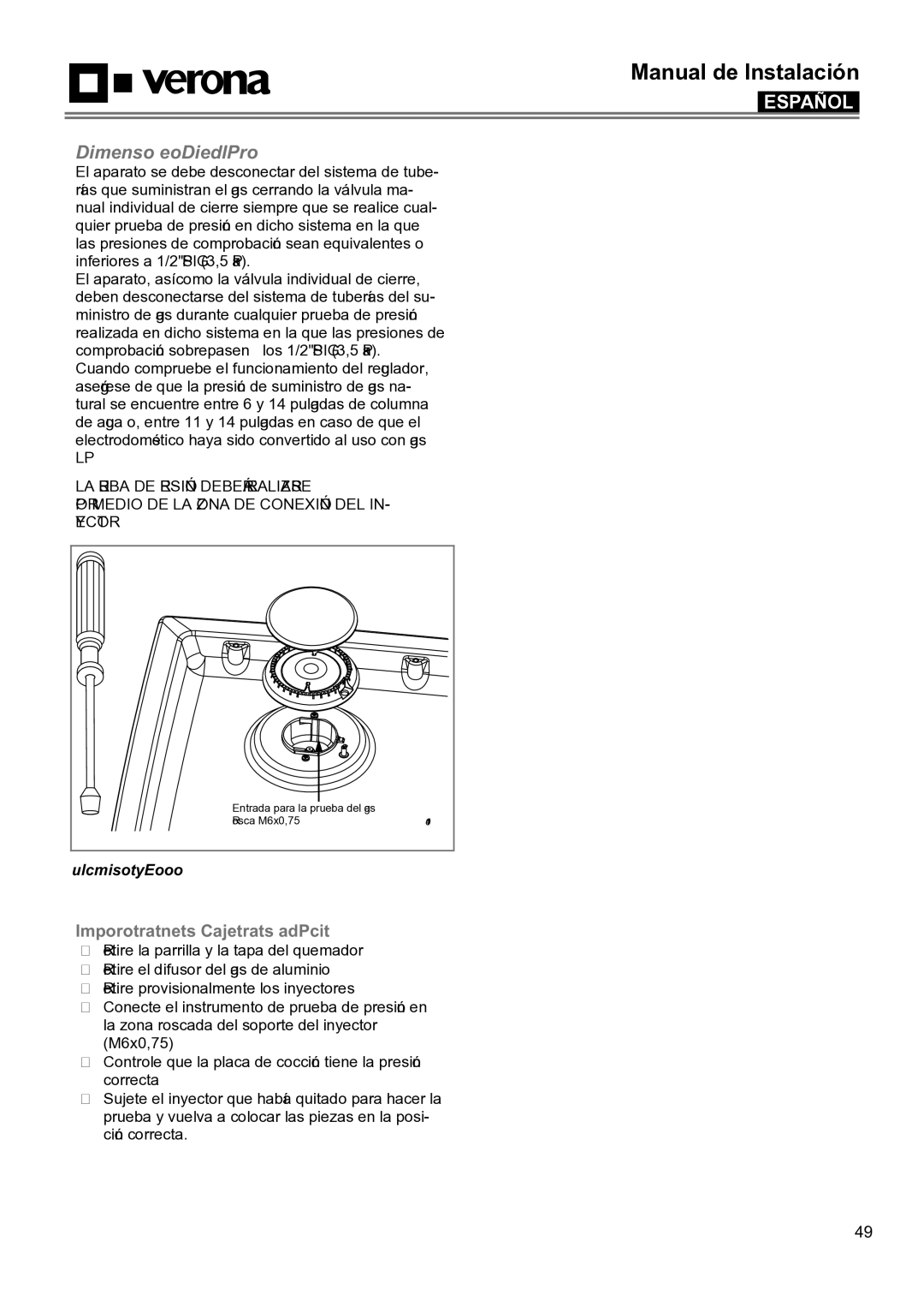 Verona VECTGMS304SS, VECTGMS365SS manual Prueba de Presión, Método de la prueba de presión 