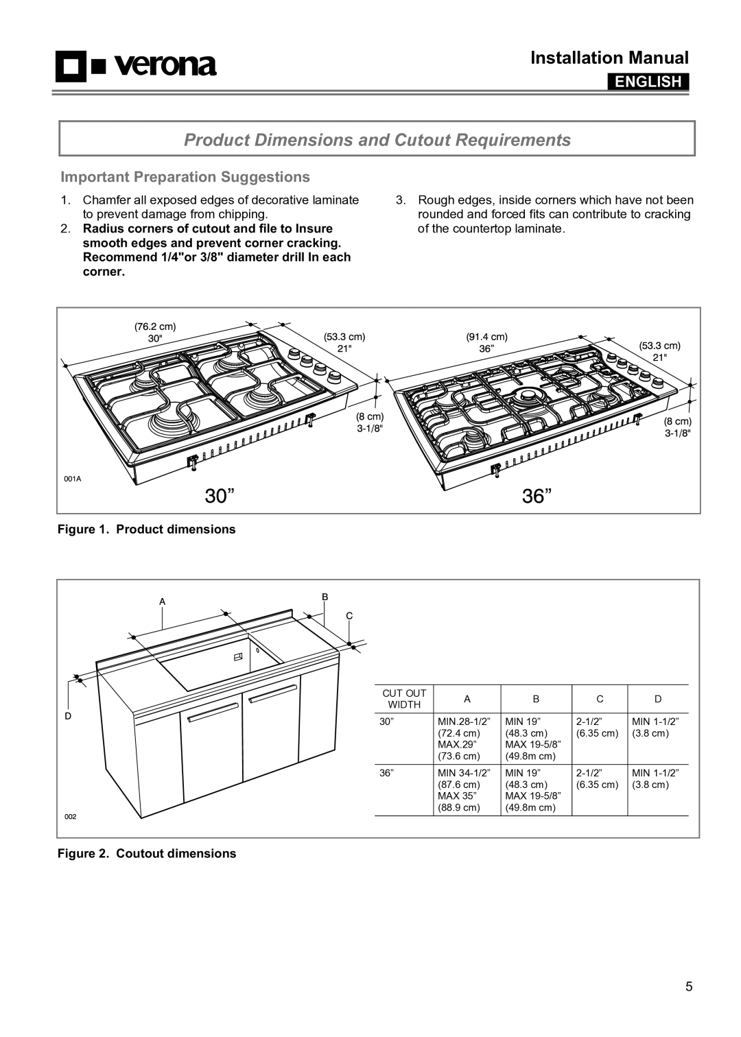 Verona VECTGMS304SS, VECTGMS365SS manual Product Dimensions and Cutout Requirements, Important Preparation Suggestions 