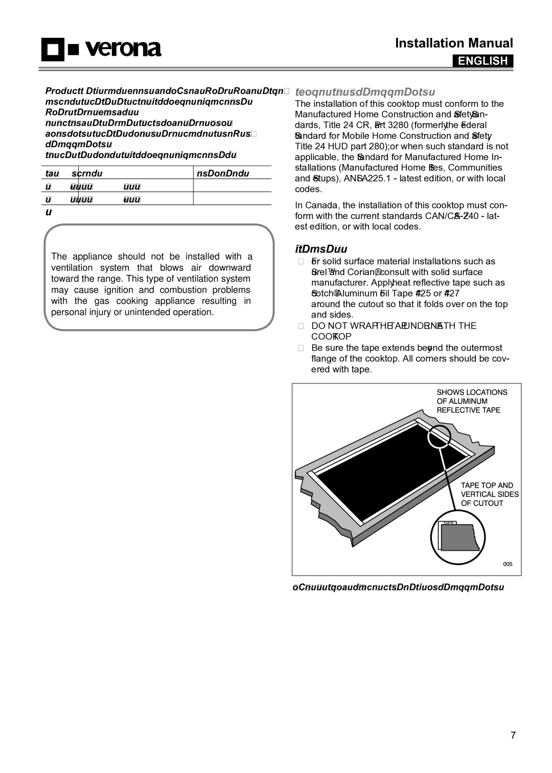 Verona VECTGMS304SS, VECTGMS365SS manual Mobile Home Installation, This cooktop has been designed with wide toler 