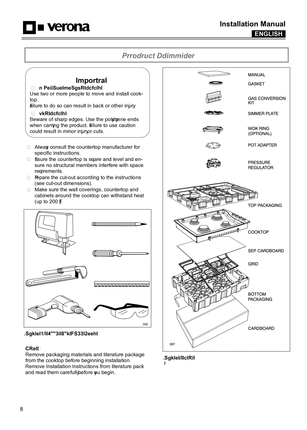 Verona VECTGMS365SS, VECTGMS304SS manual Cooktop Installation, Excessive Weight Hazard, Cut Hazard 