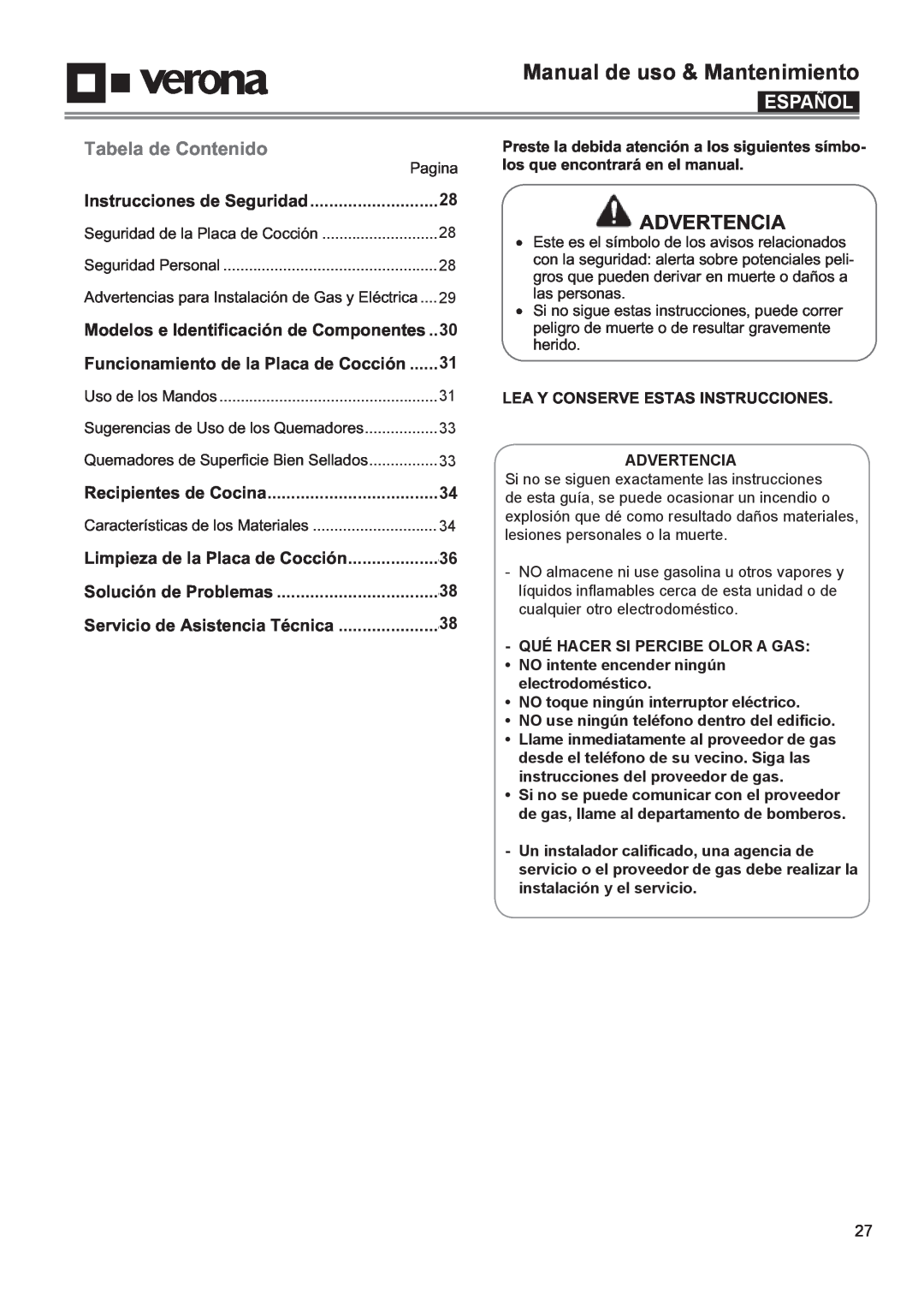 Verona VECTGMS304SS, VECTGMS365SS manual Manual de uso & Mantenimiento, Advertencia, Español, Tabela de Contenido 