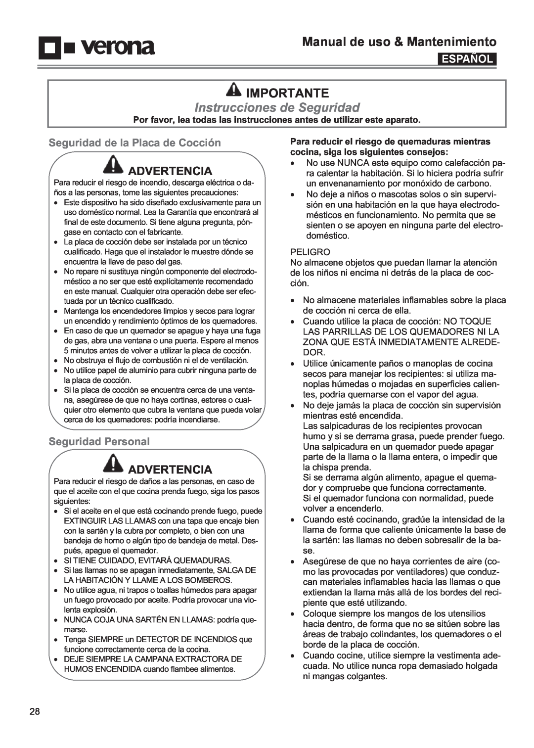 Verona VECTGMS365SS Importante, Instrucciones de Seguridad, Seguridad de la Placa de Cocción, Seguridad Personal, Español 