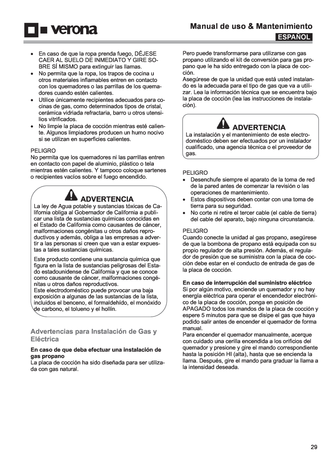 Verona VECTGMS304SS, VECTGMS365SS Advertencias para Instalación de Gas y Eléctrica, Manual de uso & Mantenimiento, Español 