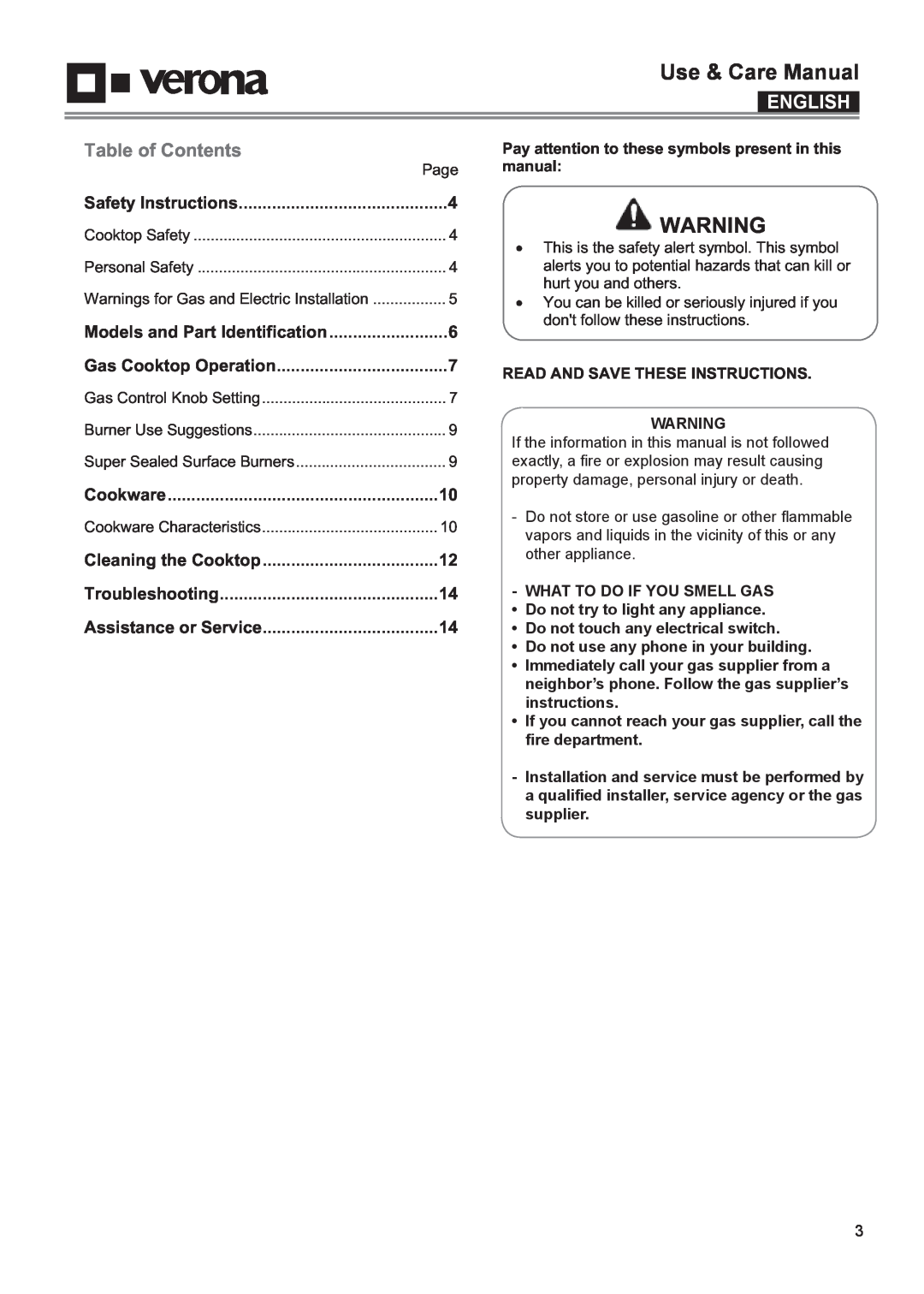 Verona VECTGMS304SS, VECTGMS365SS manual Use & Care Manual, English, Table of Contents 