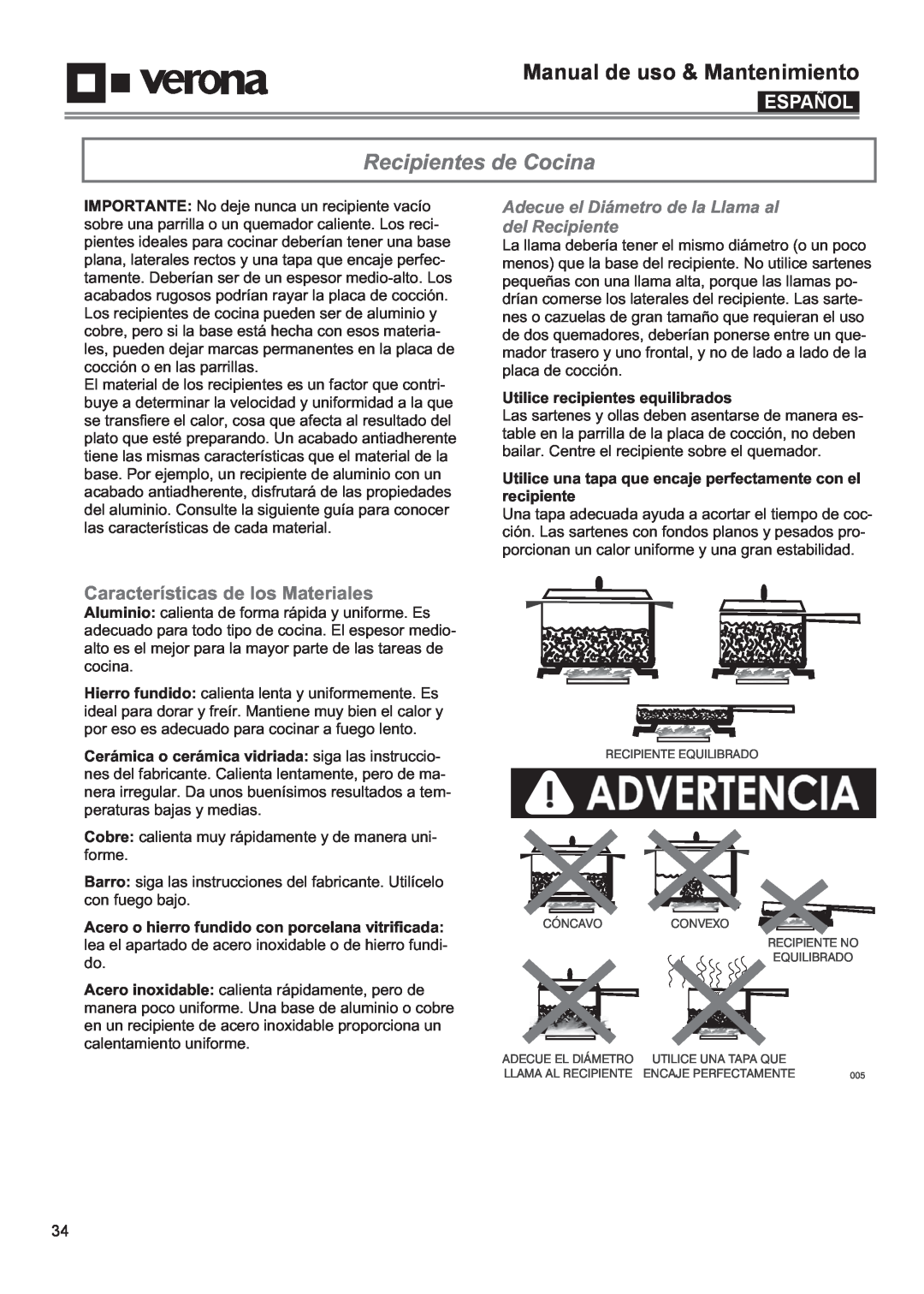 Verona VECTGMS365SS manual Recipientes de Cocina, Características de los Materiales, Manual de uso & Mantenimiento, Español 