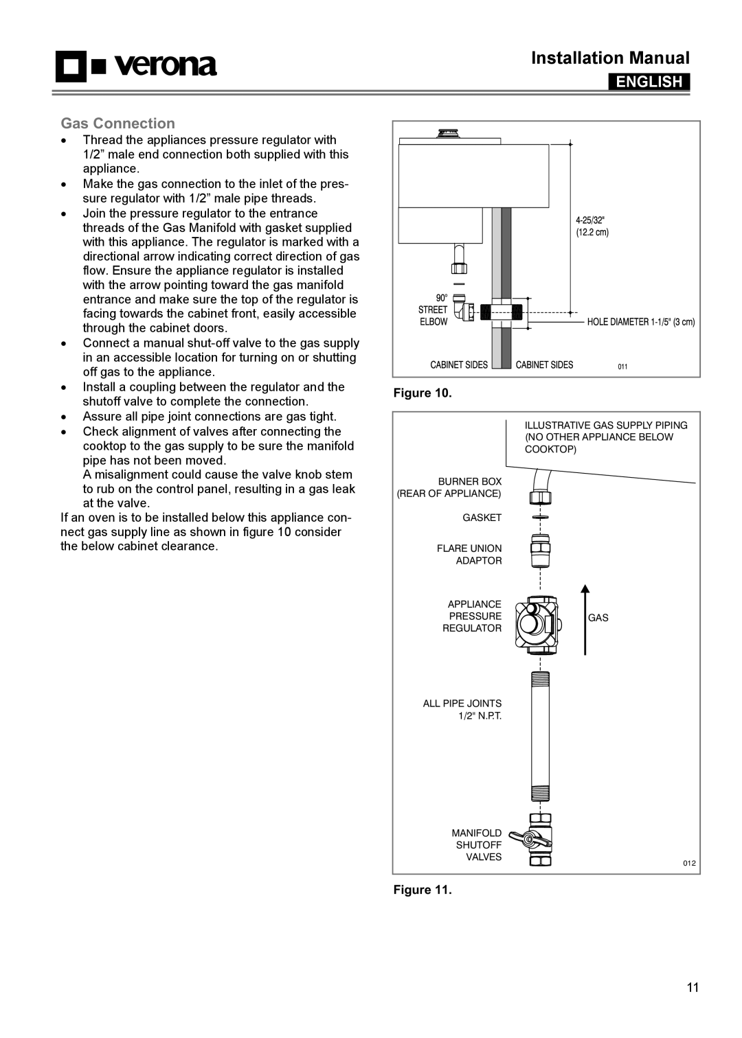 Verona VECTGMS304SS, VECTGMS365SS manual Gas Connection, Installation Manual, English 
