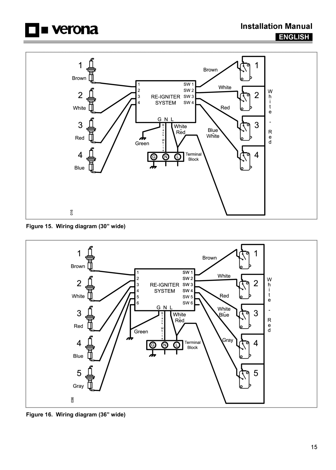 Verona VECTGMS304SS, VECTGMS365SS manual Wiring diagram 30” wide . Wiring diagram 36” wide, Installation Manual, English 