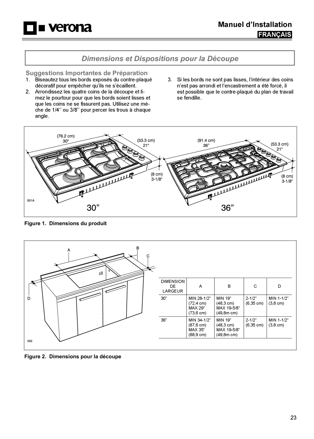 Verona VECTGMS304SS manual Dimensions et Dispositions pour la Découpe, Suggestions Importantes de Préparation, Français 