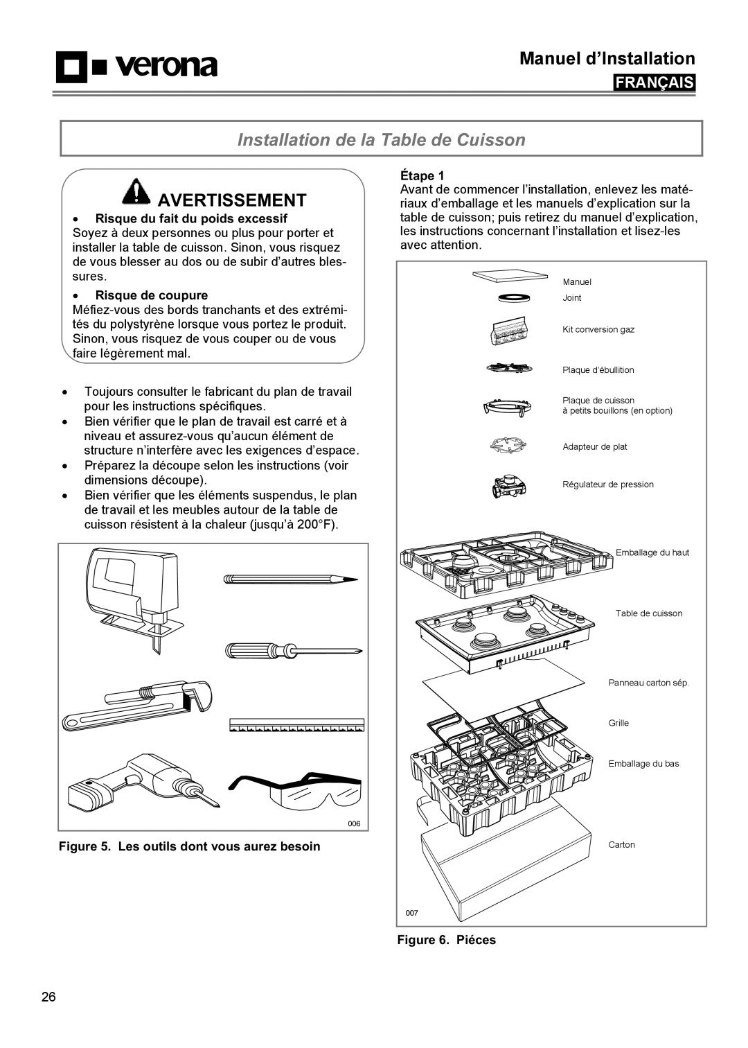 Verona VECTGMS365SS manual Installation de la Table de Cuisson, Risque du fait du poids excessif, Risque de coupure, Étape 